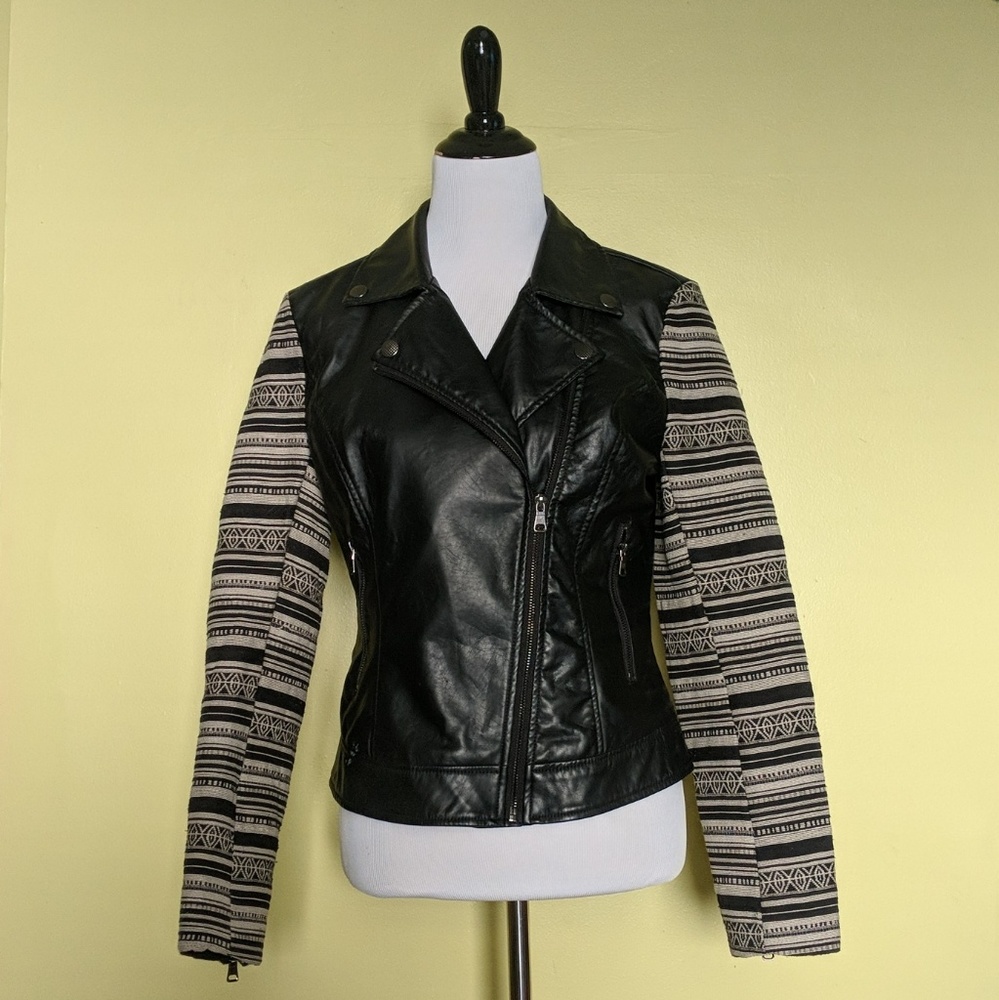 Asymmetrical Black Leather Jacket & Print Sleeves